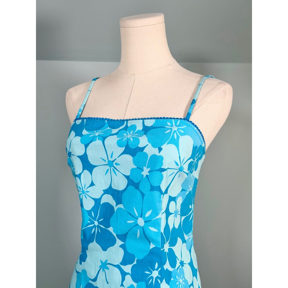 Vintage 1990s / 2000s Blue Flower Dress 90s Y2K Hawaiian Beach Frutiger Aero - Picture 4 of 10